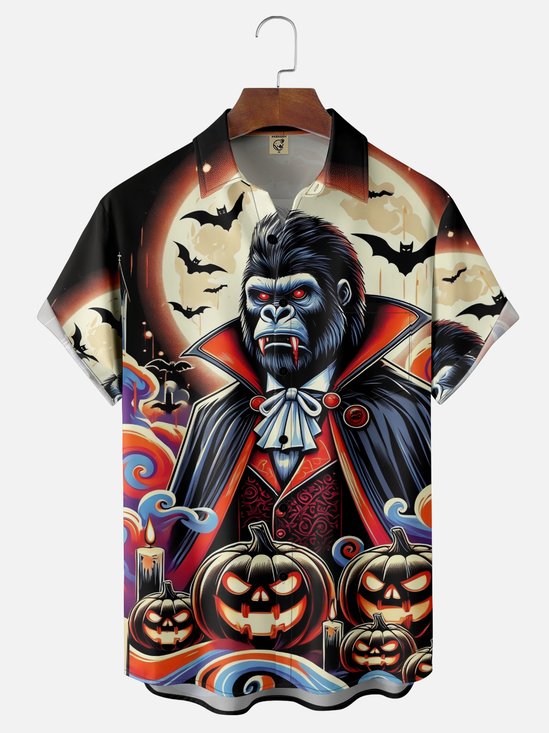 Moisture-wicking Halloween Vampire Pumpkin Chest Pocket Casual Shirt
