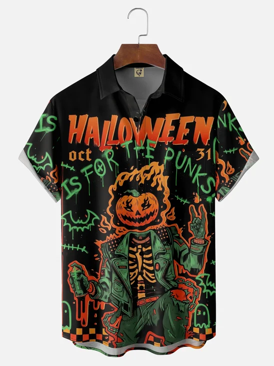 Moisture-wicking Halloween Pumpkin Punk Chest Pocket Casual Shirt