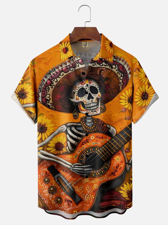 Moisture-wicking Day Of The Dead Skeleton Guitar Chest Pocket Casual Shirt