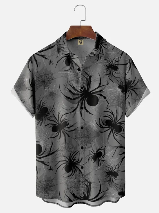 Moisture-Wicking Halloween Gradient Spider Web Bat Chest Pocket Hawaiian Shirt