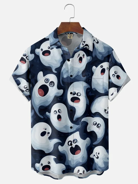 Moisture-Wicking Halloween Gradient Ghost Chest Pocket Hawaiian Shirt