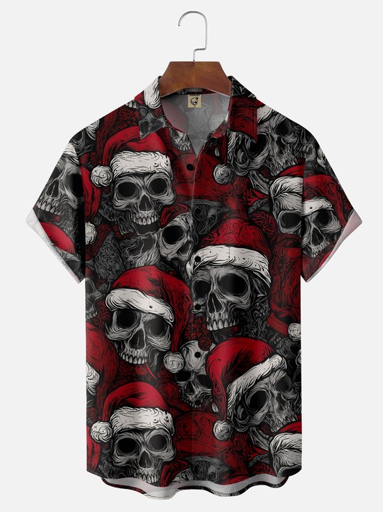 Moisture-Wicking Christmas Skull Hat Chest Pocket Hawaiian Shirt