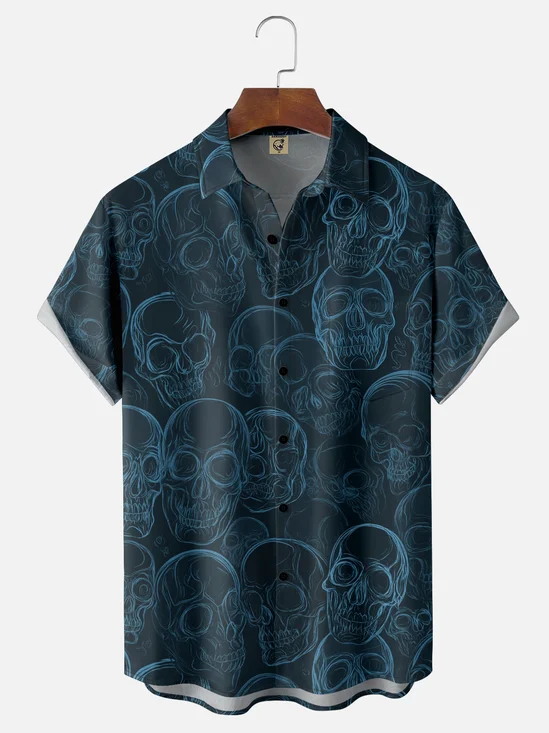 Moisture-Wicking Halloween Abstract Skull Chest Pocket Hawaiian Shirt