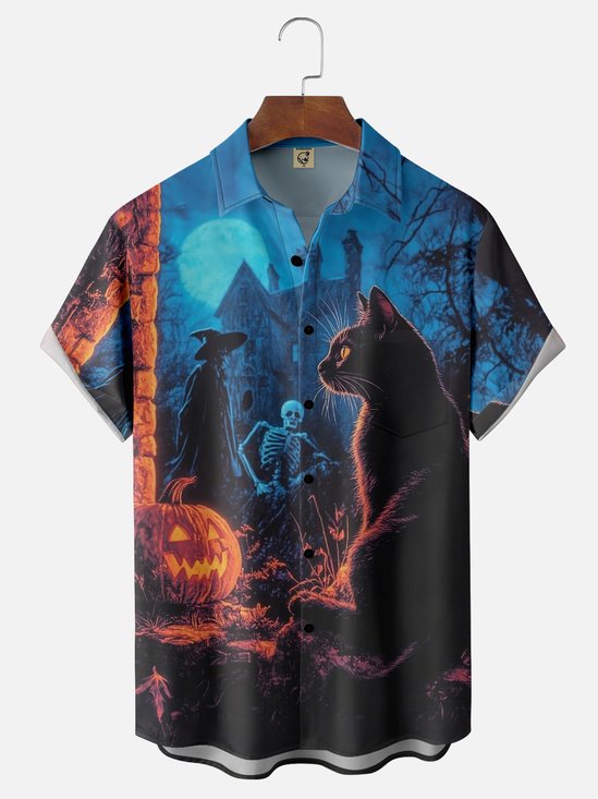 Moisture-wicking Halloween Black Cat Wizard Chest Pocket Casual Shirt