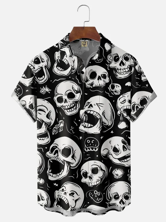 Moisture-Wicking Halloween Skull Chest Pocket Hawaiian Shirt