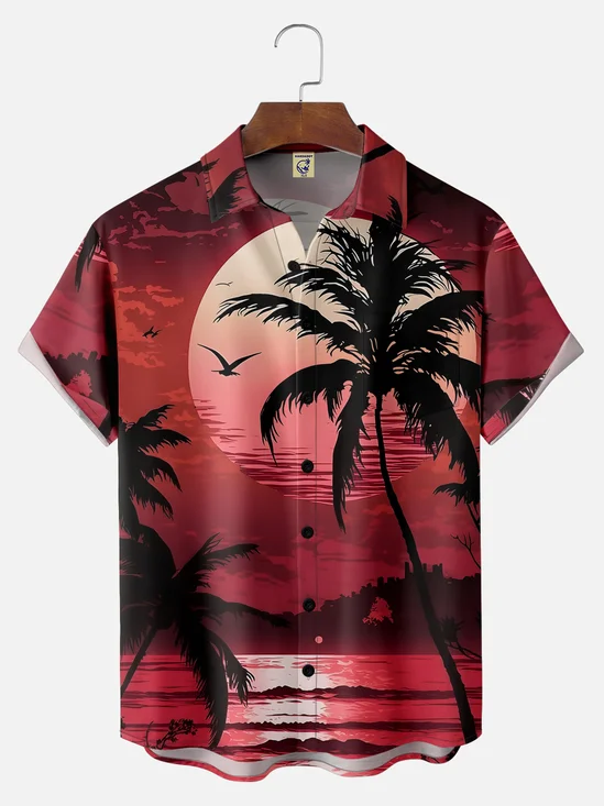 Big Size Moisture-wicking Coconut Trees Beach Seagulls Chest Pocket Hawaiian Shirt