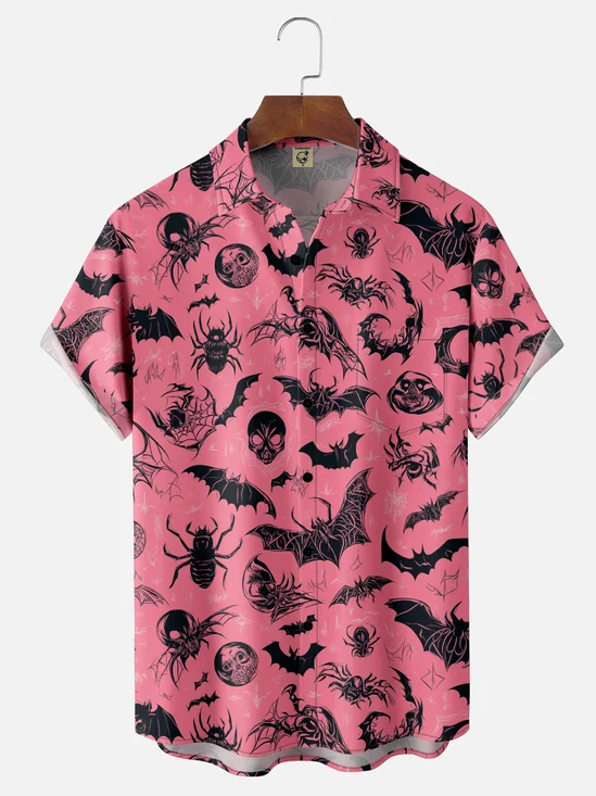 Moisture-Wicking Halloween Spider Bat Skull Chest Pocket Hawaiian Shirt