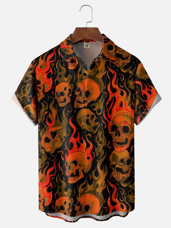 Moisture-Wicking Halloween Gradient Flame Skull Chest Pocket Hawaiian Shirt