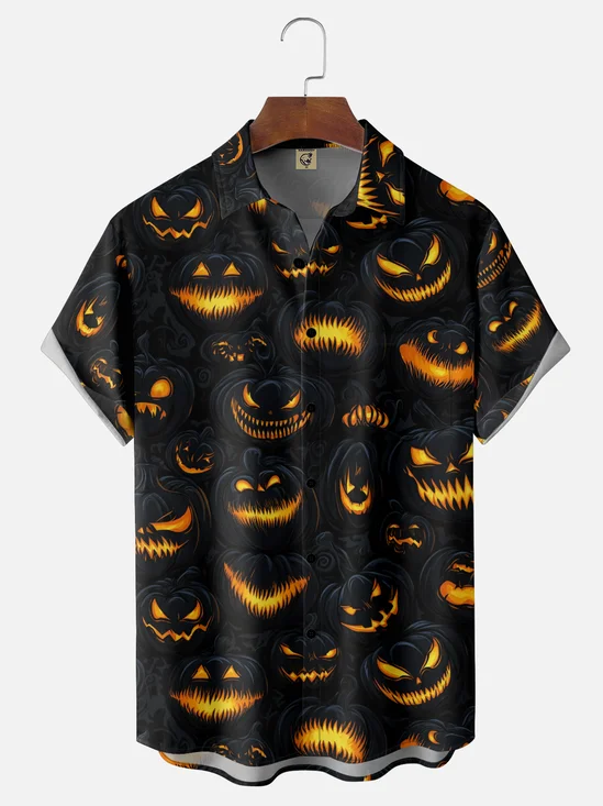 Moisture-Wicking Halloween Gradient Abstract Pumpkin Chest Pocket Hawaiian Shirt