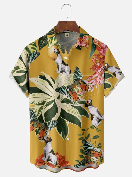 Hardaddy X Emmar Studio Moisture-wicking Butterfly Dog Flower Leaf Chest Pocket Hawaiian Shirt