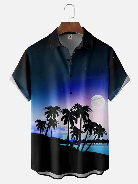 Moisture-wicking Palm Tree Chest Pocket Hawaiian Shirt