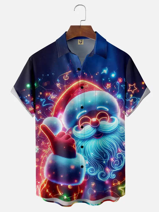 Moisture-wicking Christmas Santa Claus Fun Neon Art Chest Pocket Casual Shirt