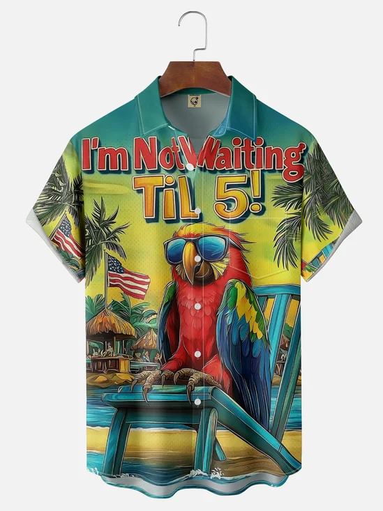 Moisture-wicking Funny Parrot "I'm Not Waiting Til 5" Vacation Chest Pocket Hawaiian Shirt