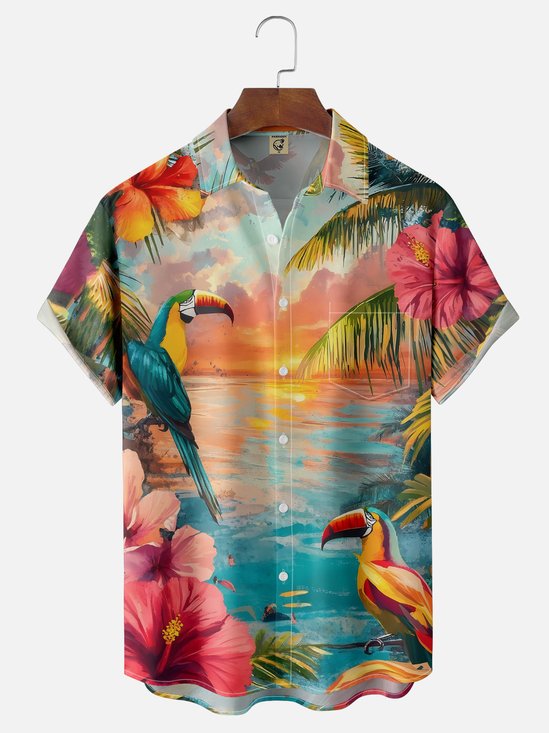 Moisture-wicking Toucan Beach Floral Chest Pocket Hawaiian Shirt