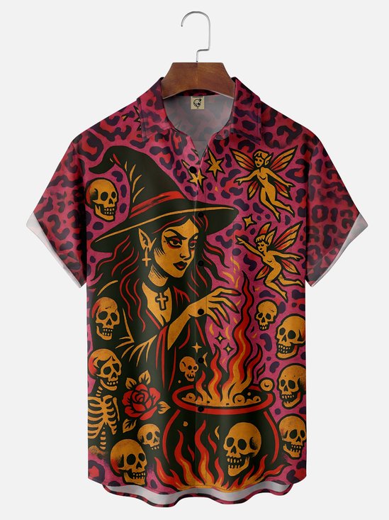 Moisture-wicking Halloween Witch Vintage Chest Pocket Casual Shirt