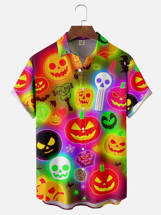 Moisture-wicking Halloween Fluorescent Pumpkin Fun Chest Pocket Casual Shirt