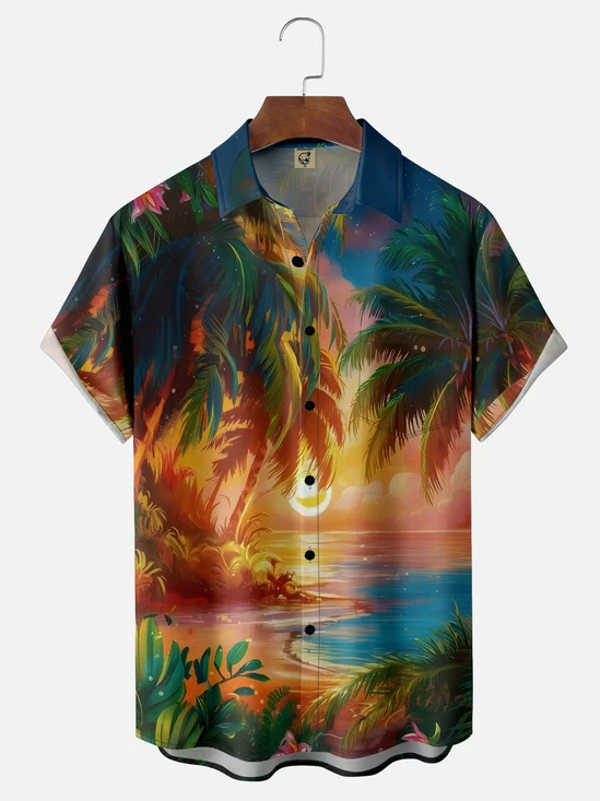Moisture-wicking Palm Tree Chest Pocket Hawaiian Shirt