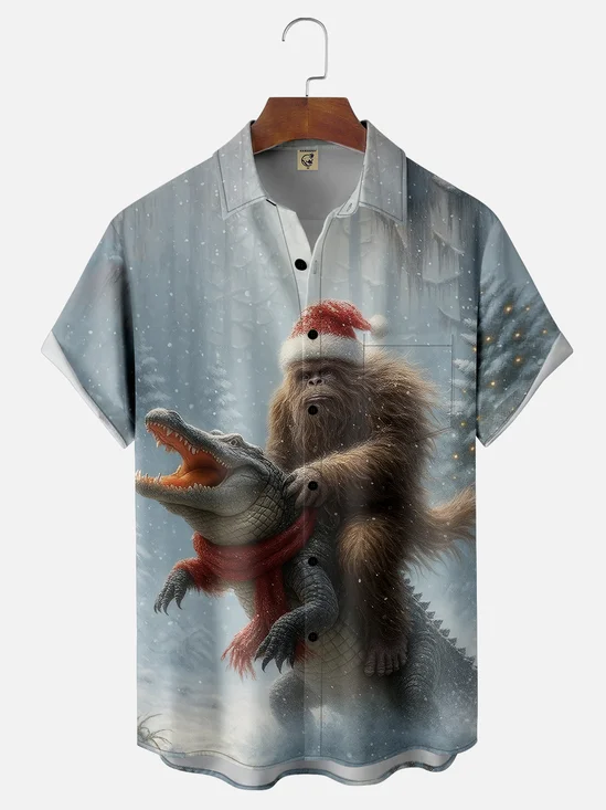 Moisture-wicking Christmas Bigfoot Fun Christmas Tree Snow Scene Chest Pocket Casual Shirt