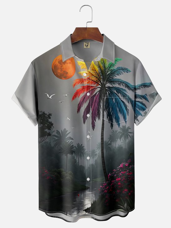 Moisture-wicking Art Beach Coconut Tree Art Chest Pocket Hawaiian Shirt