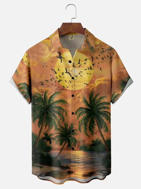 Moisture-wicking Palm Tree Chest Pocket Hawaiian Shirt
