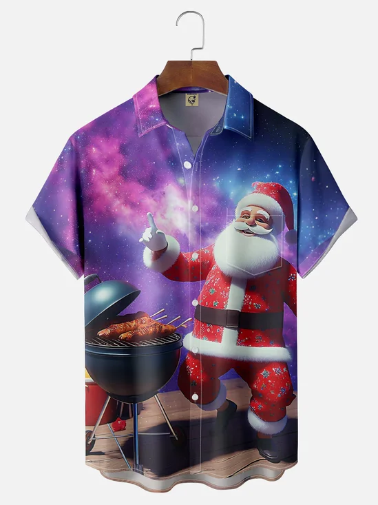 Moisture-wicking Christmas Santa Claus BBQ Starry Sky Chest Pocket Casual Shirt
