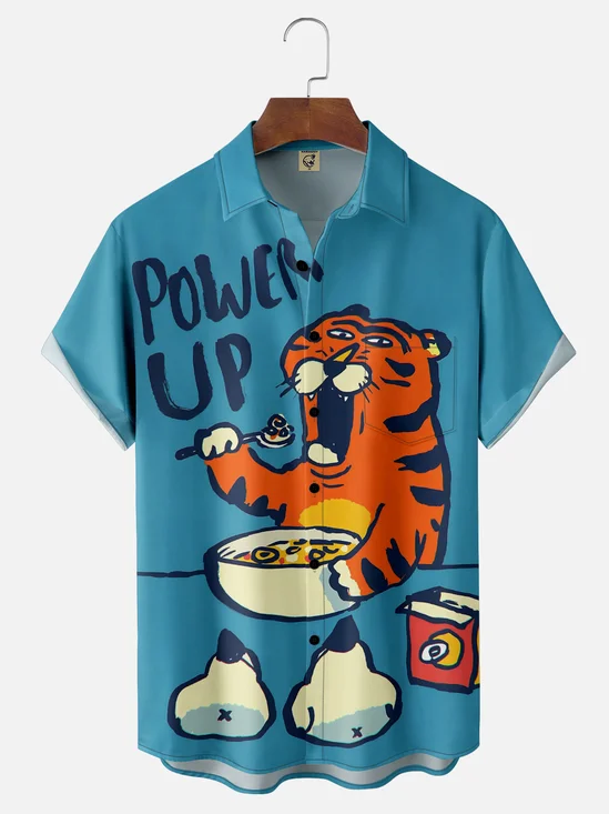 Moisture-wicking Funny Tiger "POWER UP" Chest Pocket Hawaiian Shirt