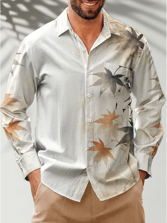 Moisture-Wicking Botanical Chest Pocket Long Sleeve Hawaiian Shirt