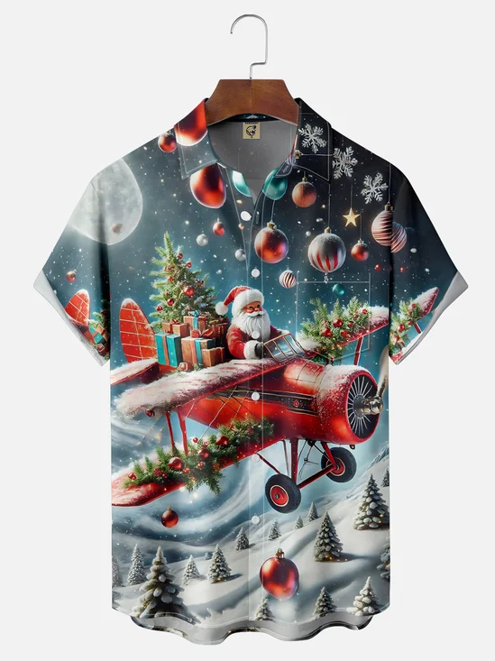 Moisture-wicking Christmas Santa Claus Airplane Christmas Tree Chest Pocket Casual Shirt