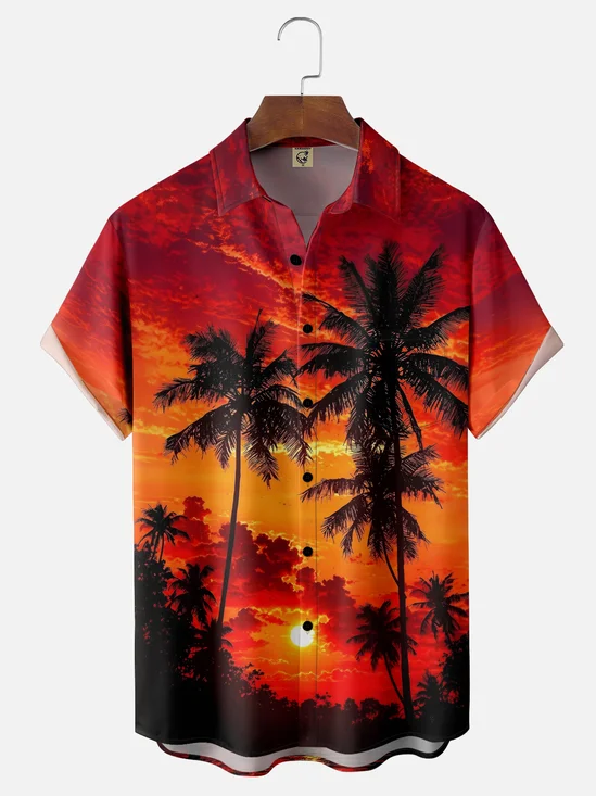 Moisture-wicking Palm Tree Chest Pocket Hawaiian Shirt