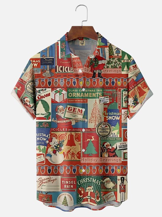 Moisture-wicking Christmas Santa Claus Christmas Tree Funny Retro Chest Pocket Casual Shirt