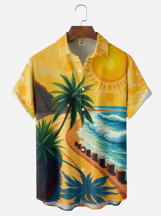 Moisture-wicking Palm Tree Chest Pocket Hawaiian Shirt