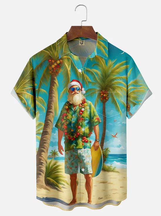 Moisture-wicking Christmas Santa Claus Beach Coconut Tree Chest Pocket Casual Shirt