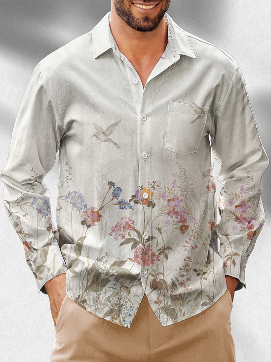 Moisture-Wicking Floral Chest Pocket  Long Sleeve Hawaiian Shirt