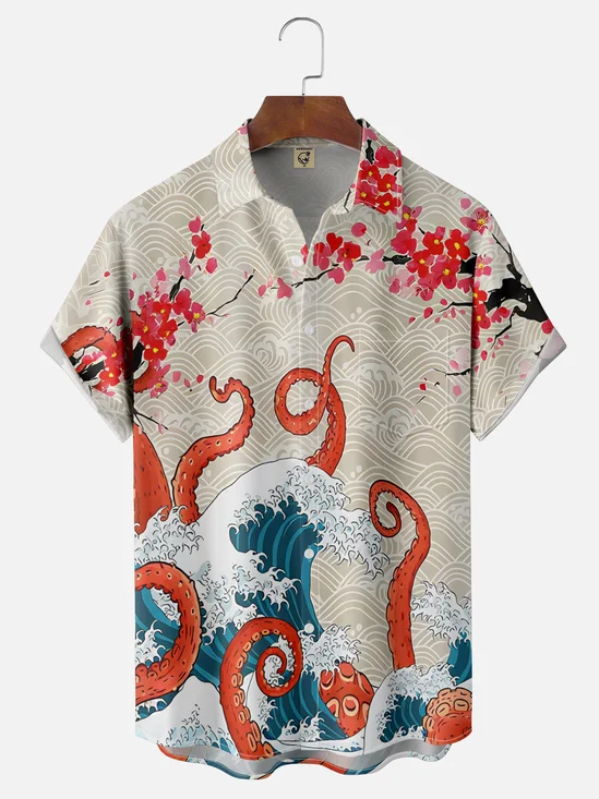 Moisture Wicking Japanese Ukiyo-e Cherry Blossom Octopus Chest Pocket Hawaiian Shirt
