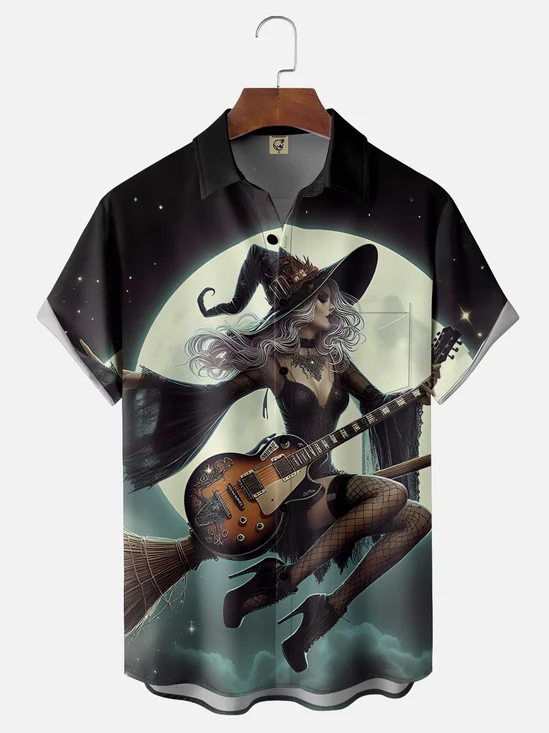 Moisture-Wicking Gradient Halloween Witch Guitar Chest Pocket Hawaiian Shirt