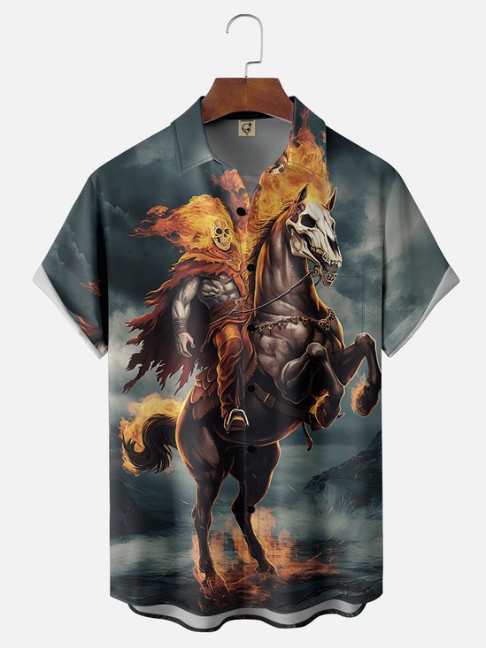 Moisture Wicking Halloween Flame Knight Chest Pocket Hawaiian Shirt