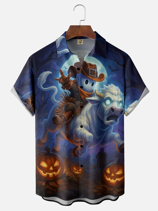 Moisture-wicking Halloween Ghost Cattle Pumpkin Chest Pocket Casual Shirt
