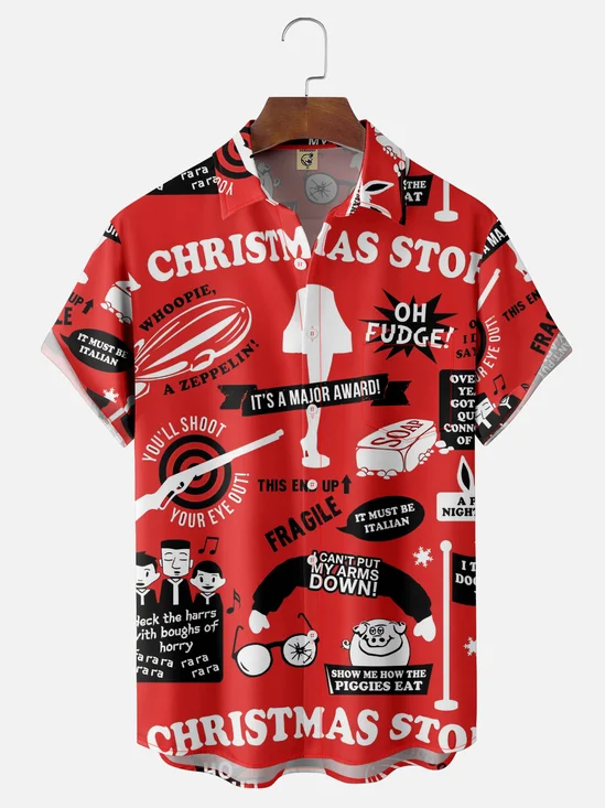 Moisture-Wicking Christmas Holiday Thigh Light Lettering Chest Pocket Hawaiian Shirt