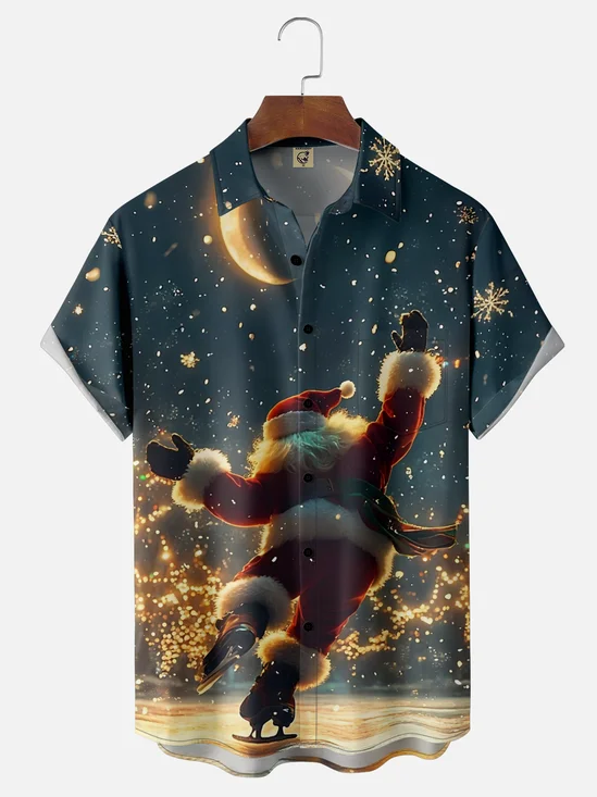 Moisture-Wicking Santa Skating Chest Pocket Hawaiian Shirt