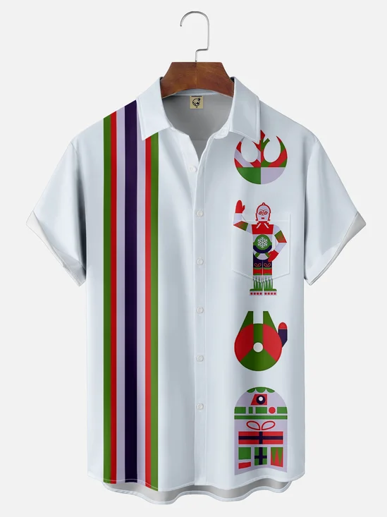 Moisture-Wicking Christmas Star Robot Chest Pocket  Bowling Shirt