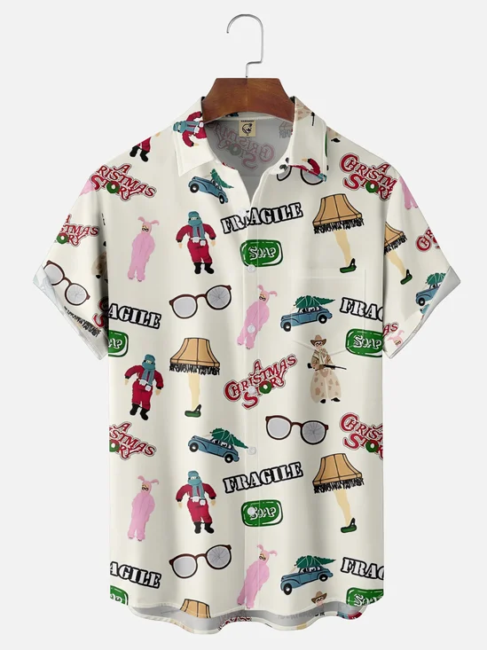 Moisture-Wicking Christmas Holiday Thigh Light Lettering Chest Pocket Hawaiian Shirt
