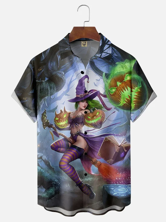 Moisture-Wicking Ombre Halloween Witch Pumpkin Chest Pocket Hawaiian Shirt