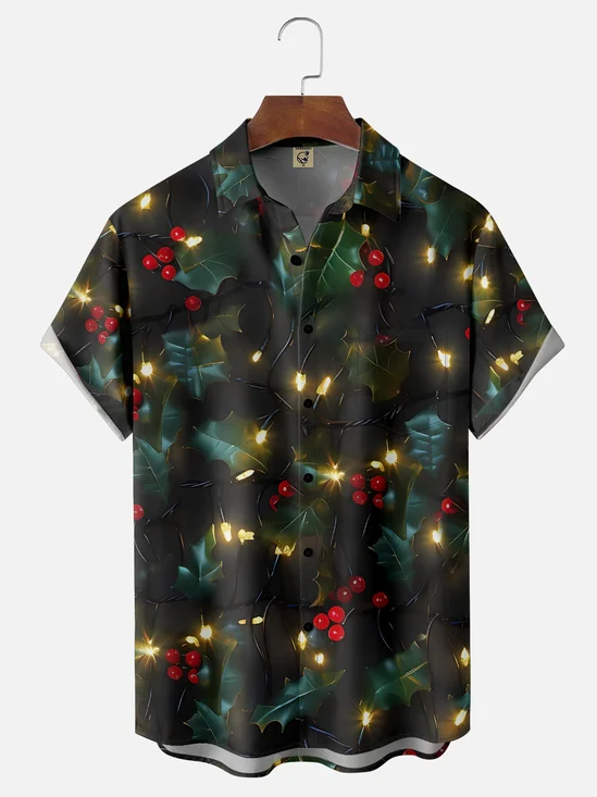 Moisture-Wicking Ombre Christmas Lights Chest Pocket Hawaiian Shirt