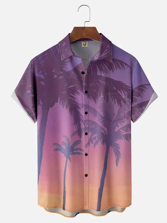 Moisture-wicking Coconut Tree Gradient Color Chest Pocket Hawaiian Shirt