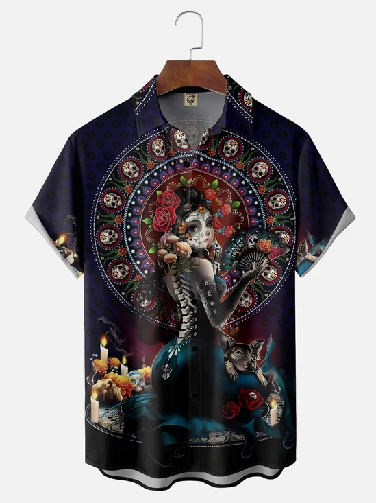 Moisture-wicking Day Of The Dead Skull Mexican Pattern Chest Pocket Casual Shirt