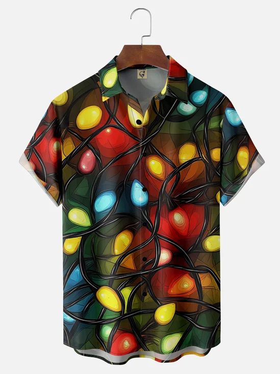 Moisture-Wicking Christmas Lights Chest Pocket Hawaiian Shirt