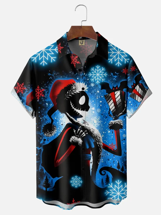 Moisture-wicking Christmas Santa Claus Bat Snowflakes Chest Pocket Casual Shirt