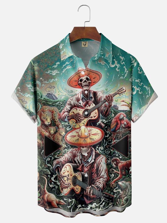 Moisture-wicking Day Of The Dead Skeleton Guitar Music Chest Pocket Casual Shirt
