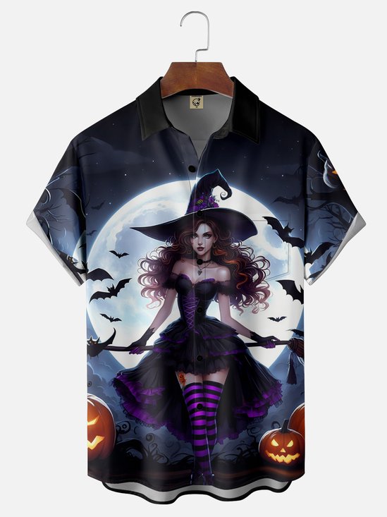 Moisture-Wicking Ombre Halloween Witch Pumpkin Chest Pocket Hawaiian Shirt