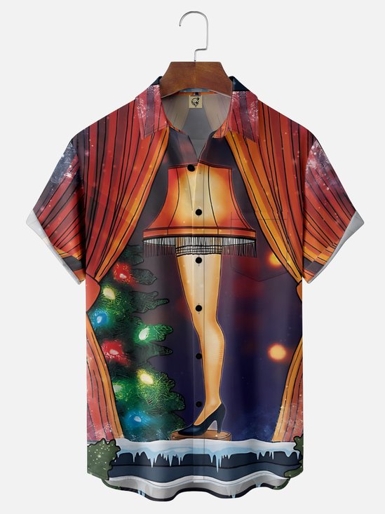 Moisture-Wicking Christmas Thigh Lights Chest Pocket Hawaiian Shirt